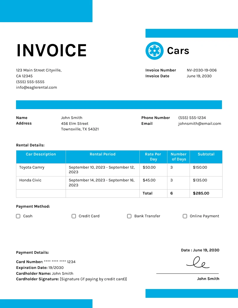 Picton Blue Clean Car Rental Invoice Template - Venngage