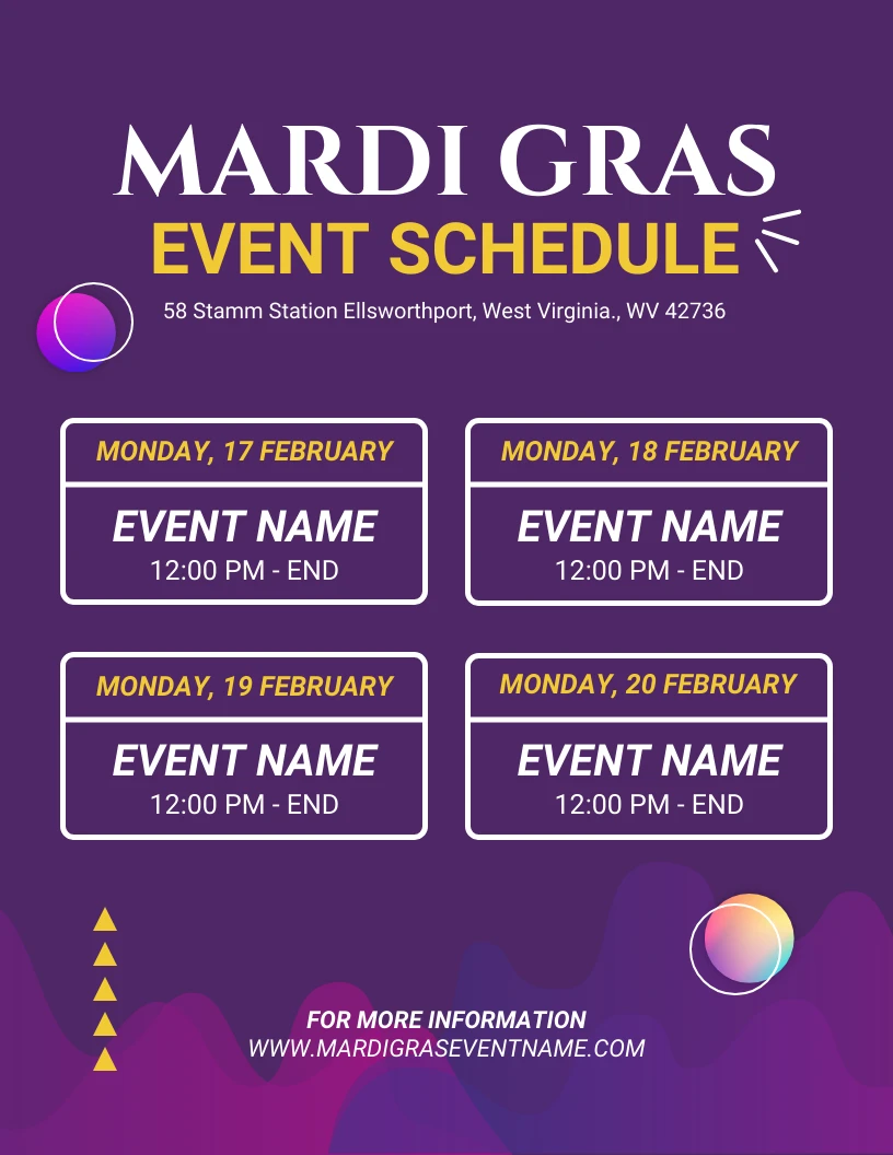 Purple Modern Abstract Mardi Gras Event Schedule Template Venngage