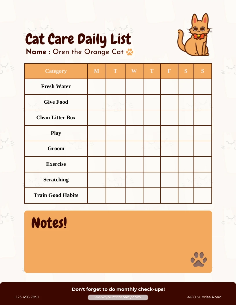 Soft Orange Cat Care Daily List Schedule Template - Venngage