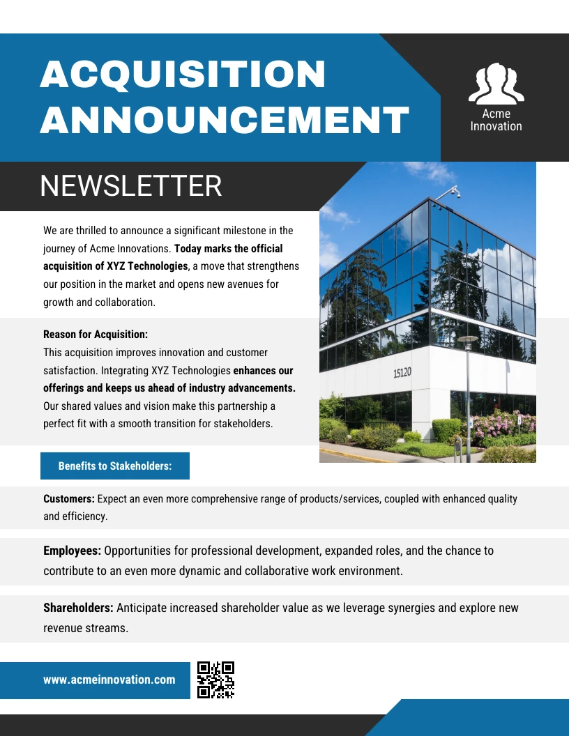 Company Acquisition Announcement Newsletter Template - Venngage