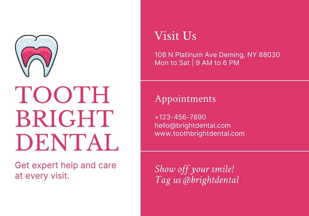 White And Pink Modern Minimalist Tooth Dental Appointment Card - Venngage