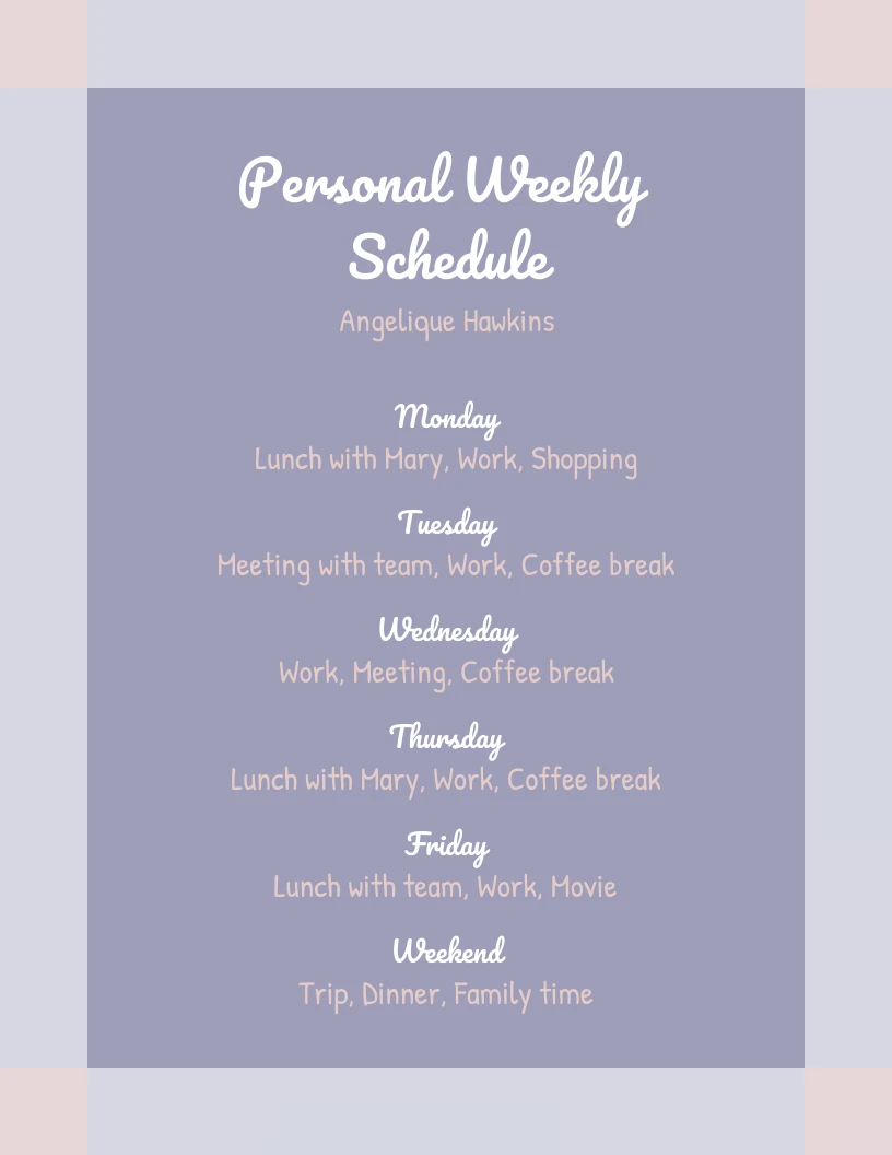 Lavender Personal Weekly Schedule - Venngage