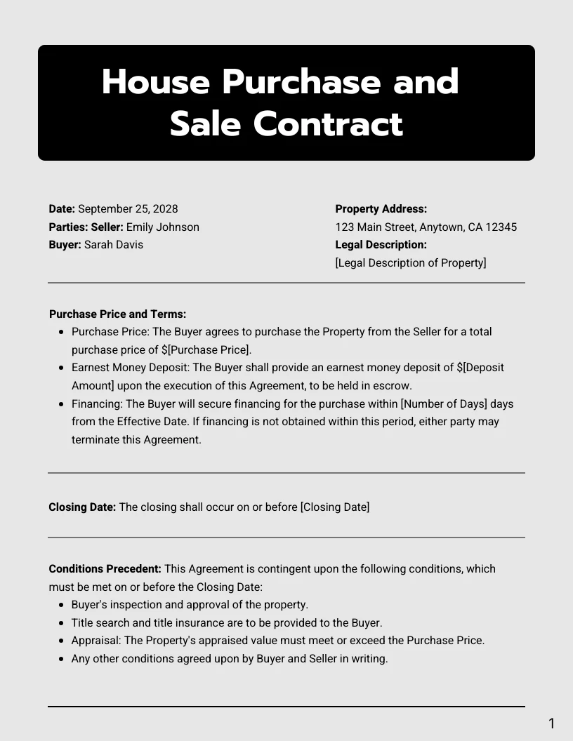 Simple House Purchase and Sale Contract Template Venngage