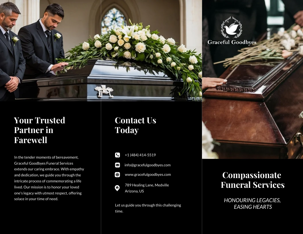 Dark Blue Funeral Service Tri-fold Brochure Template - Venngage