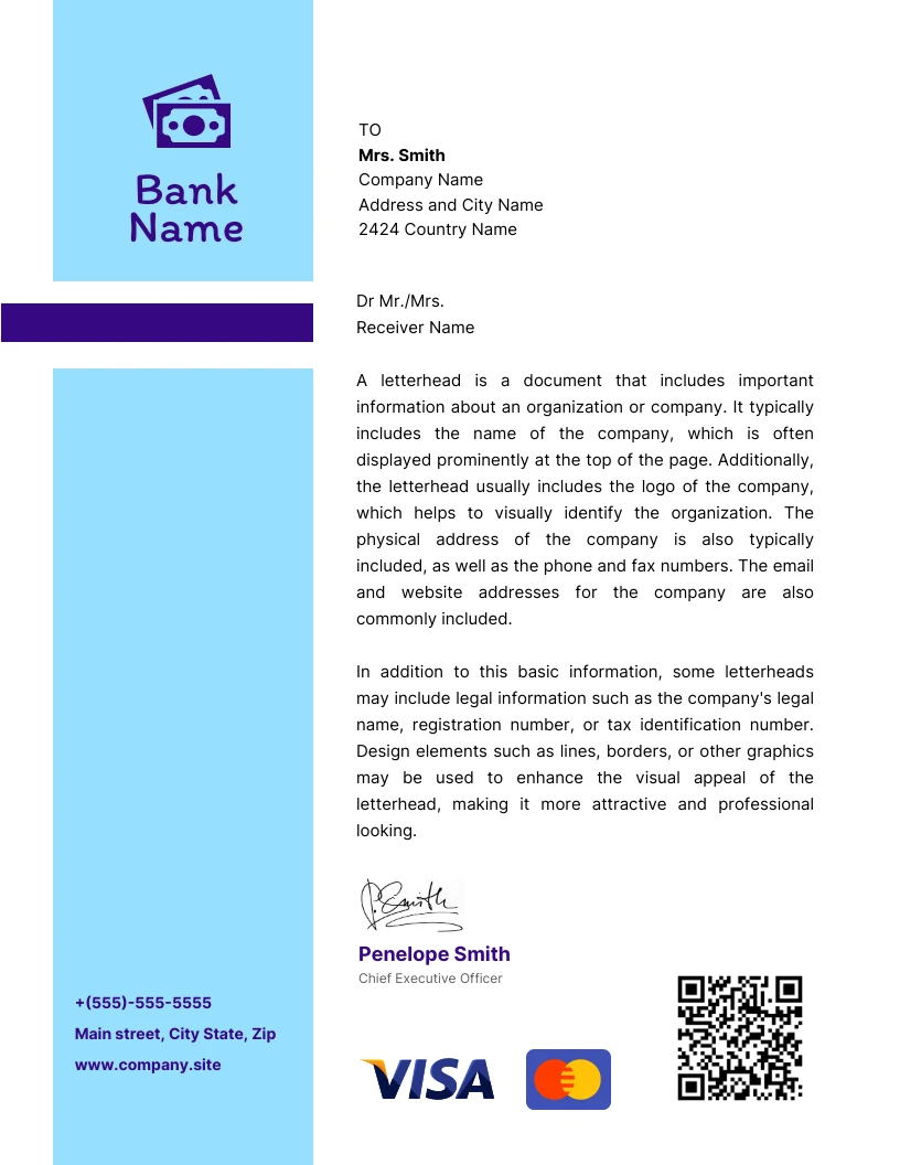 Modèle de papier à en-tête de banque simple, blanc et bleu clair Venngage