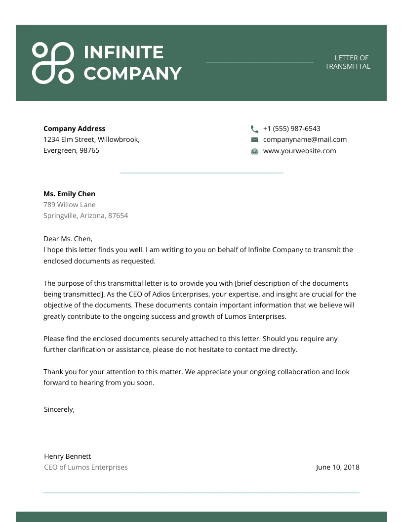 Dark Green Modern Transmittal Letter - Venngage