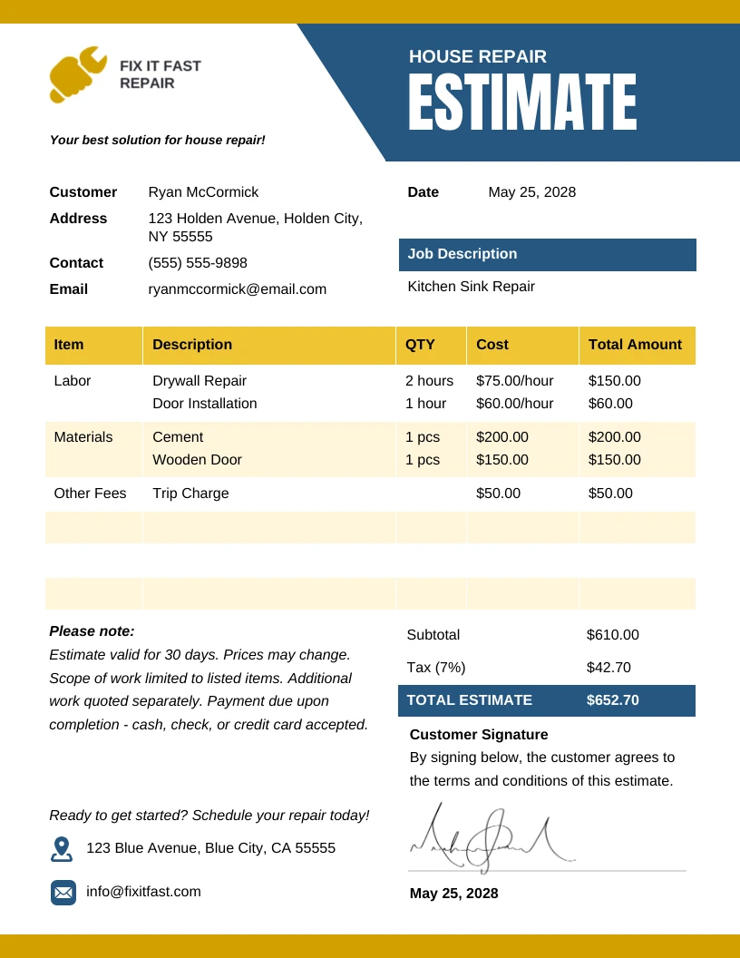 Home Repair Estimate Template - Venngage