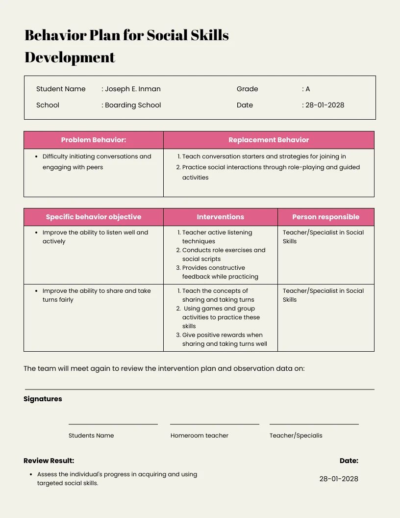 Behavior Plan for Social Skills Development Template - Venngage