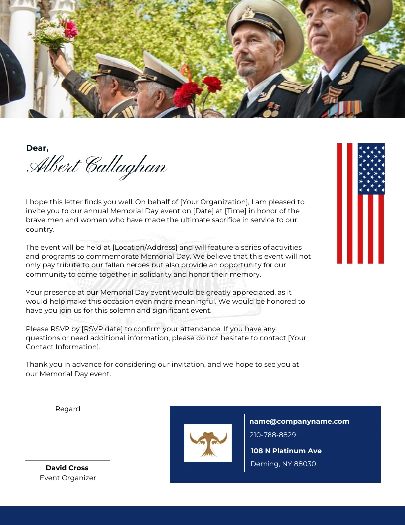 White and Blue Memorial Day Event Invitation Letterhead - Venngage