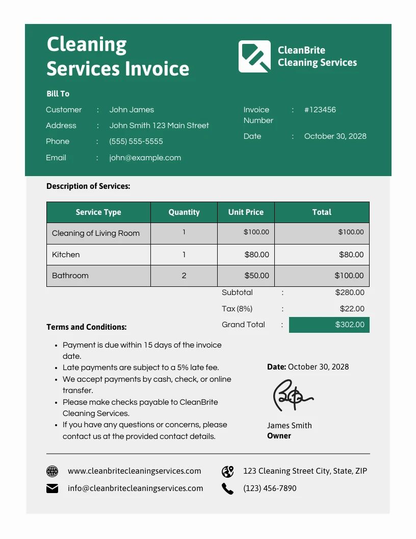 Modern Green Grey Cleaning Invoice Template - Venngage