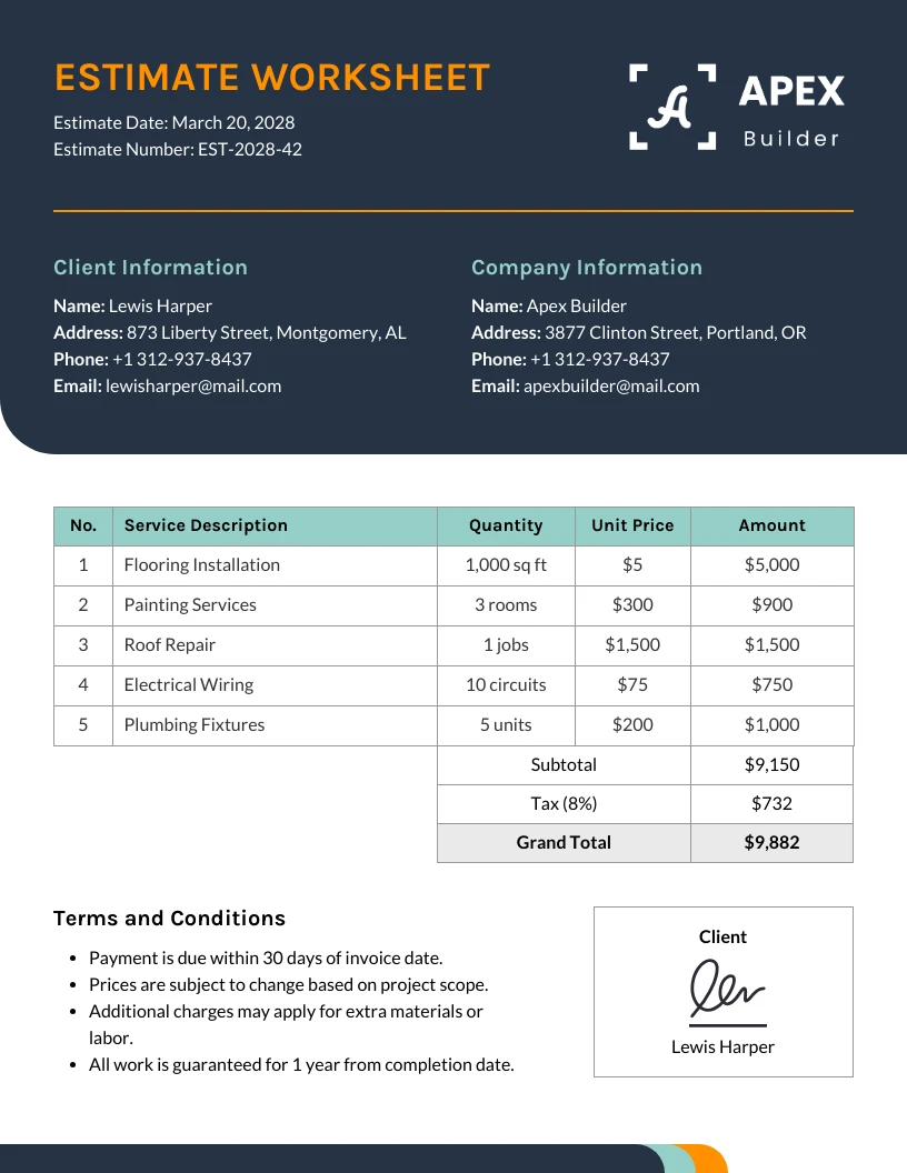 Estimate Worksheet Template - Venngage