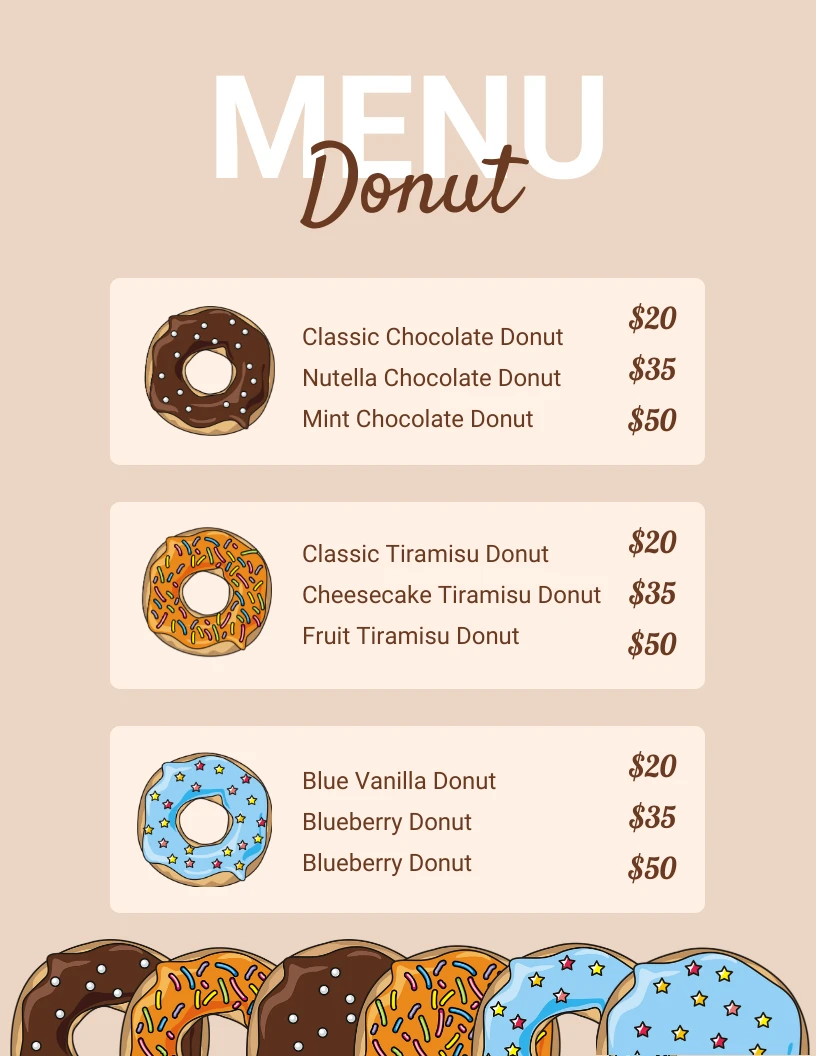 Cream Simple Illustration Donut Dessert Menu - Venngage