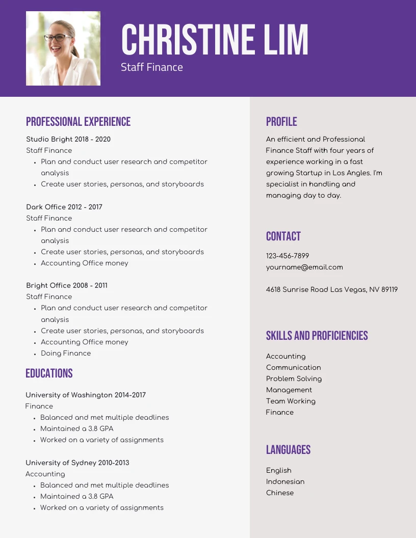 Light Grey Purple Financial Analyst Resume Template - Venngage