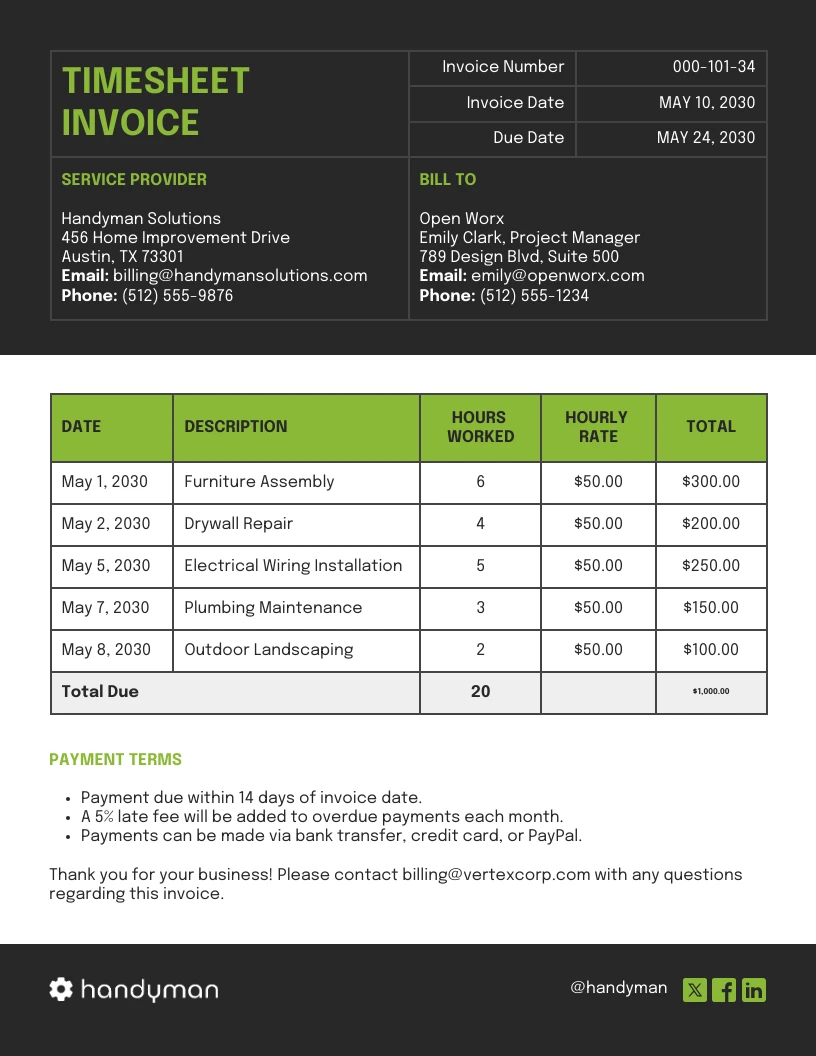 Timesheet Invoice Table Chart - Venngage