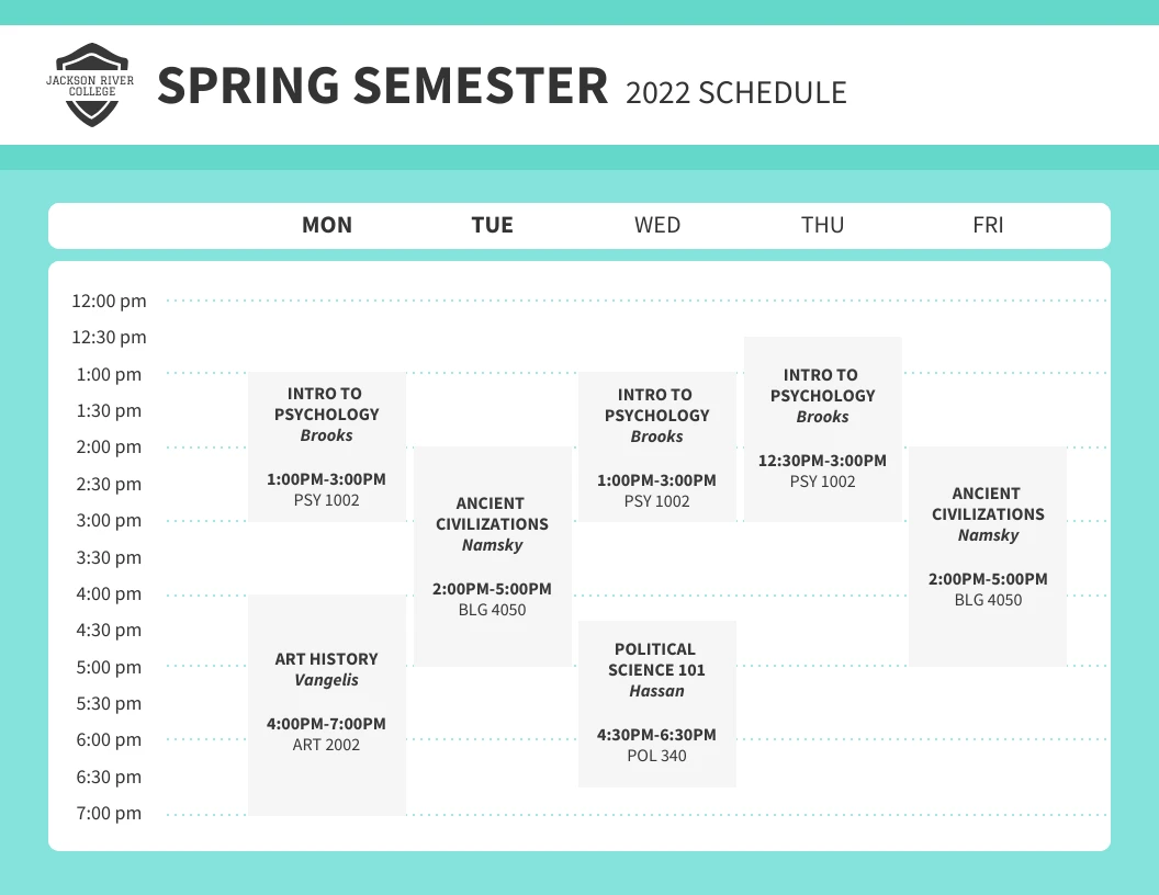 College Weekly Class Schedule Venngage