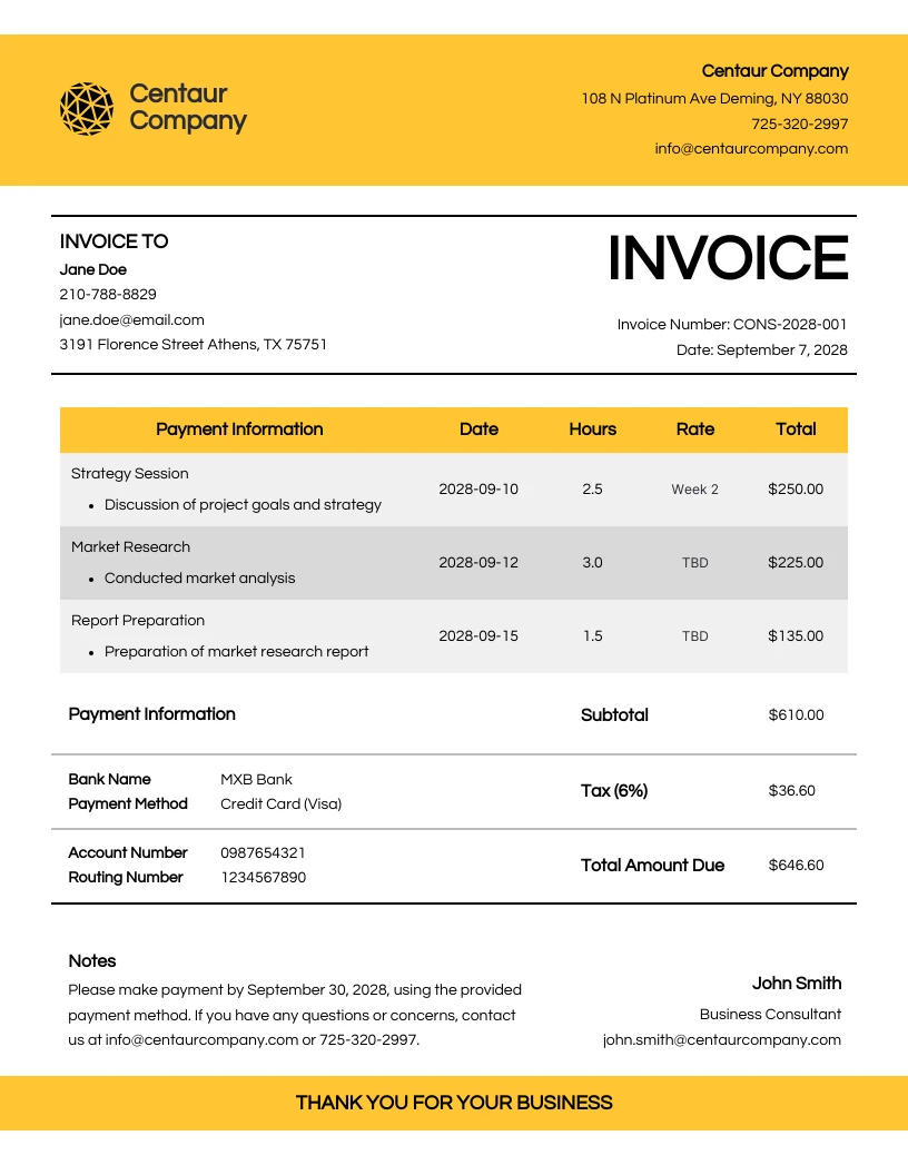 Simple Yellow Consultation Invoice - Venngage