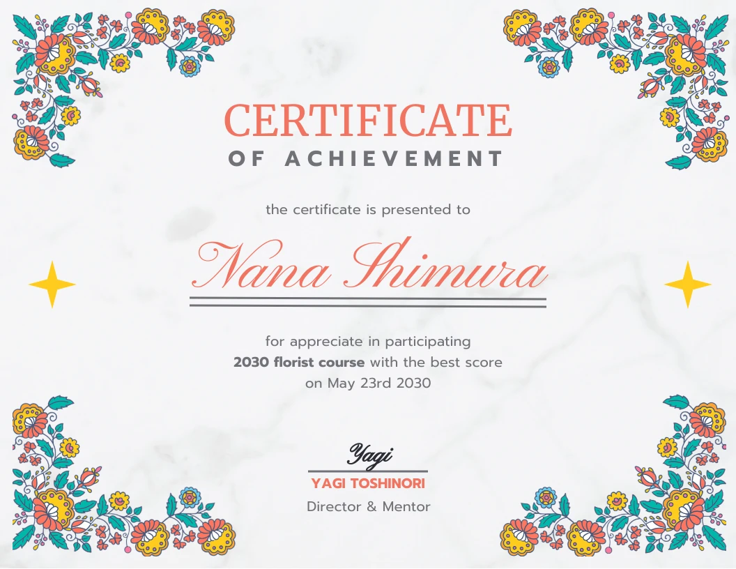 Classic Floral Certificate of Achievement for Florist Template Venngage