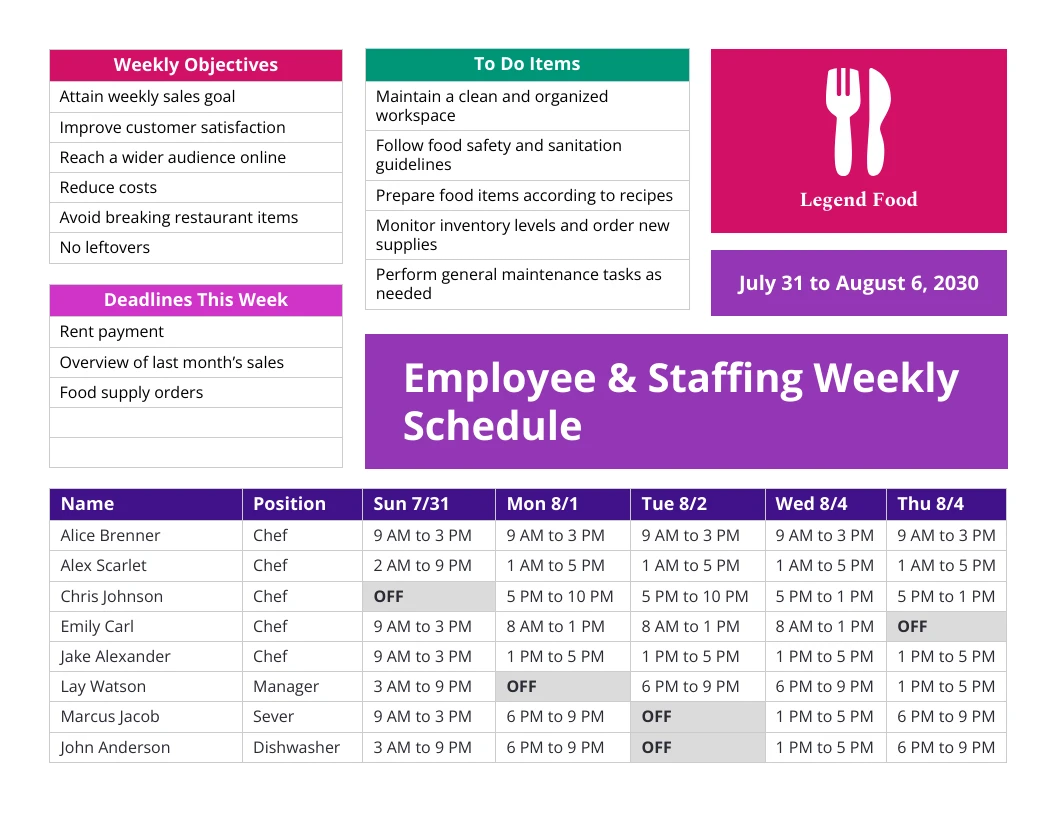 Modern Employee & Staffing Weekly Schedule Form - Venngage