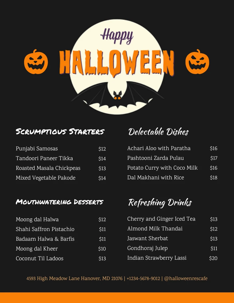 Black Modern Illustration Happy Halloween Menu - Venngage