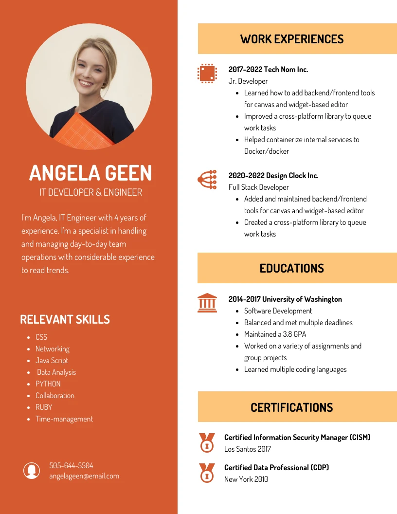 White And Orange Minimalist Professional IT Resume - Venngage