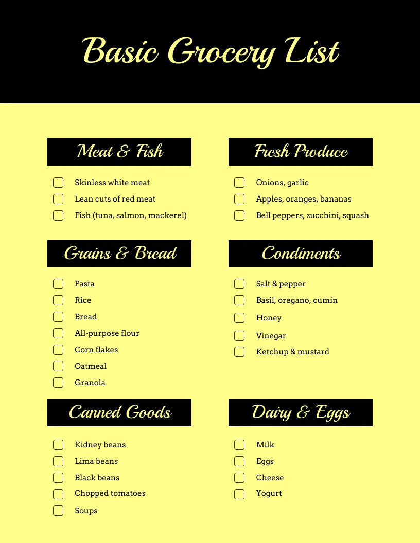 Light Yellow Basic Grocery List Checklist Template - Venngage