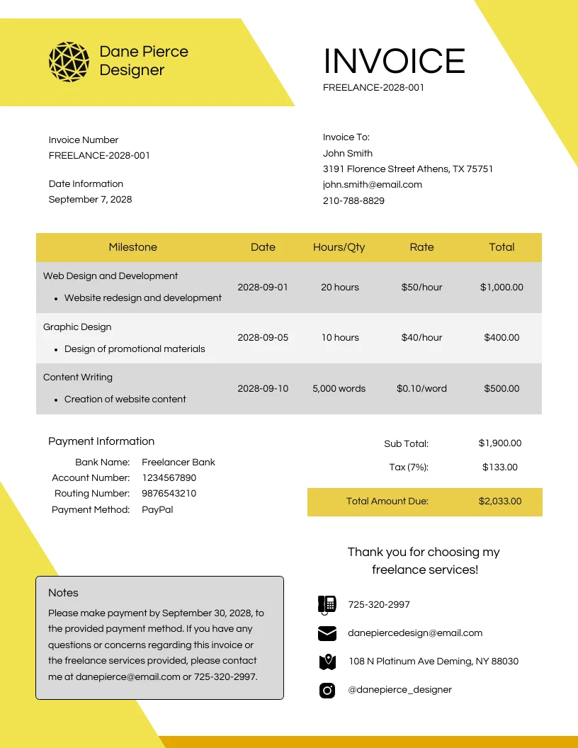 Simple Yellow Freelance Invoice - Venngage