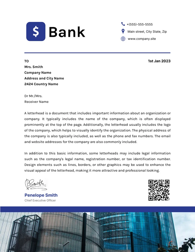 Blue Simple Professional Bank Letterhead Template