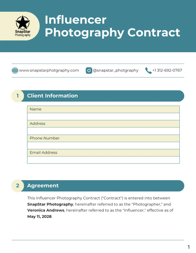 Influencer Photography Contract - page 1