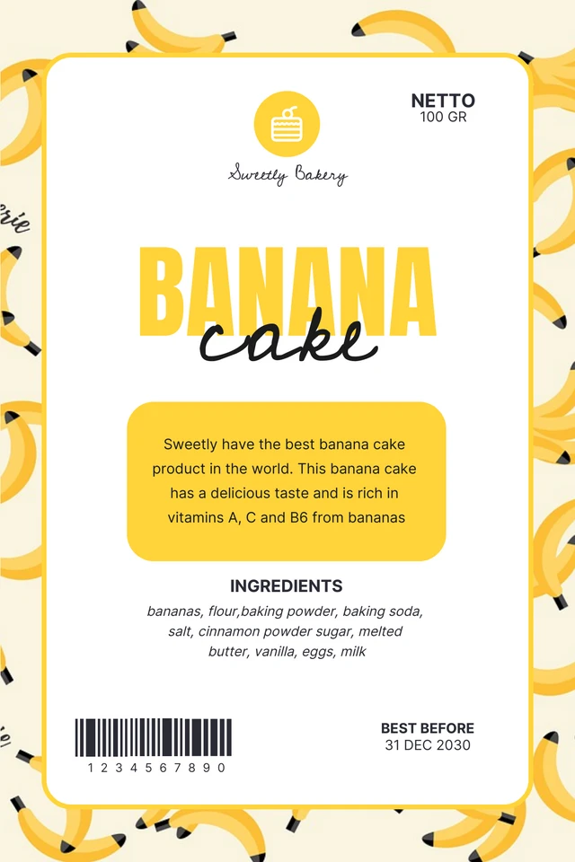 Modèle d'étiquette de produit de gâteau à motif banane jaune clair et blanc