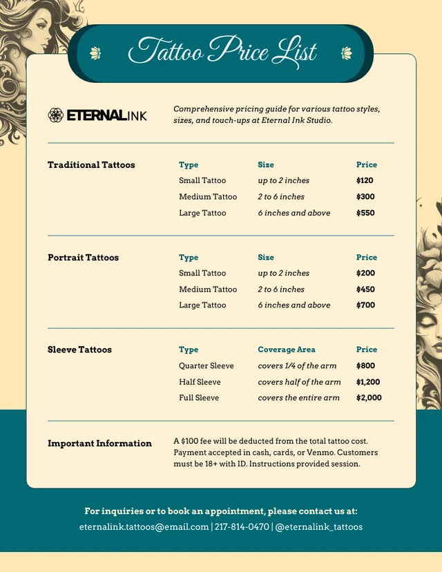 Tattoo Price List Template - Venngage