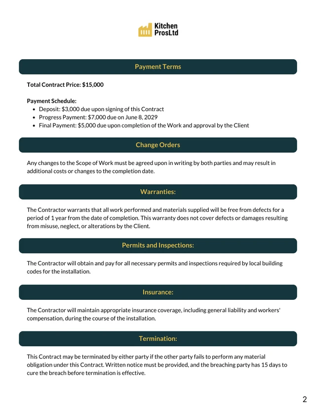 Kitchen Installation Contract Template - page 2