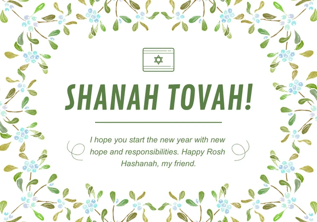 White And Green Simple Floral Shanah Tovah Card Template