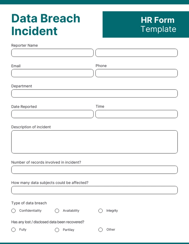 Plantilla de formulario de recursos humanos para incidentes de violación de datos en blanco y verde limpio