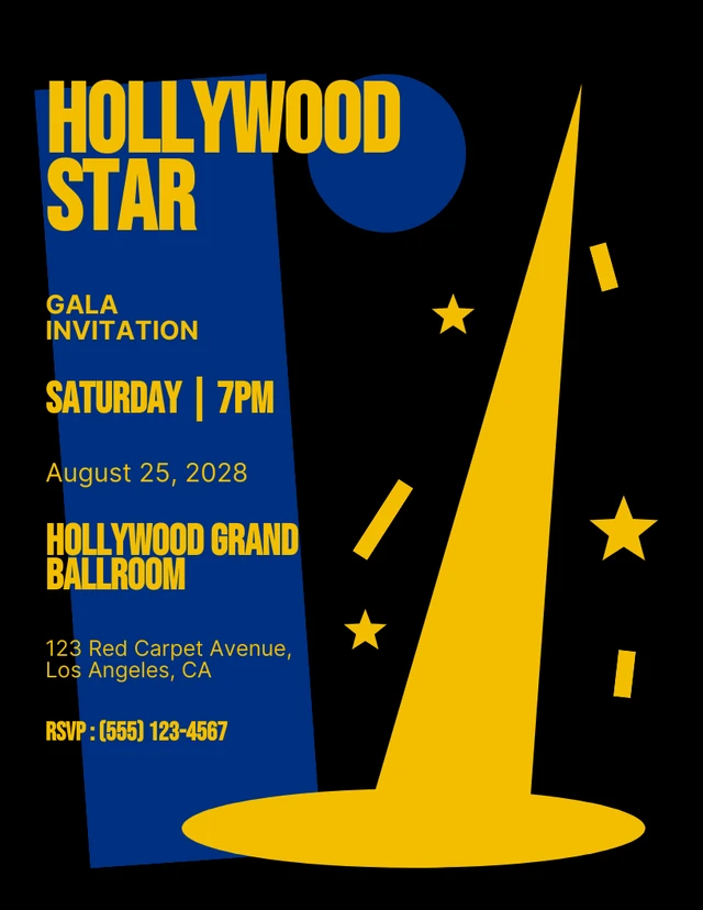 Modèle d'invitation Hollywood jaune foncé et bleu