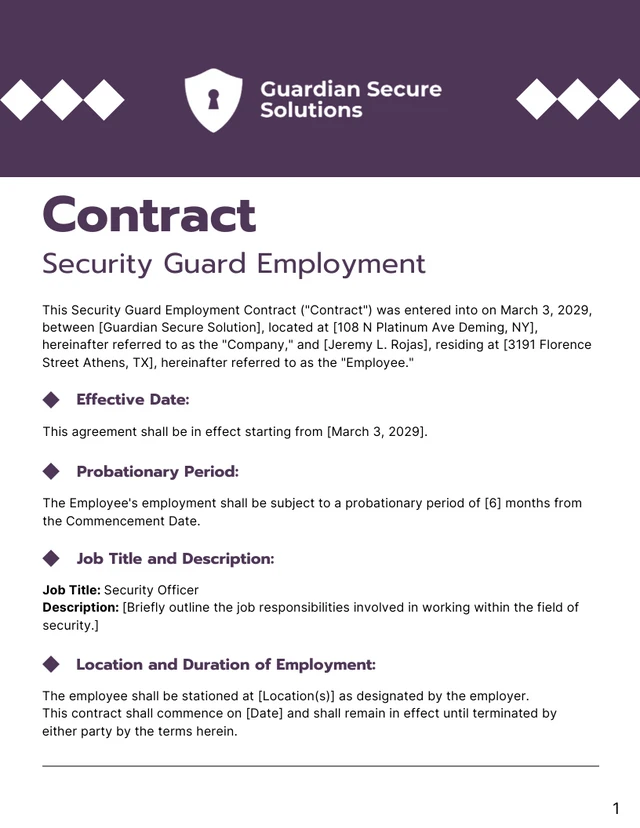 Security Guard Employment Contract Template - Página 1