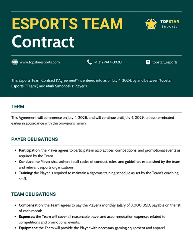 Esports Team Contract Template - Pagina 1