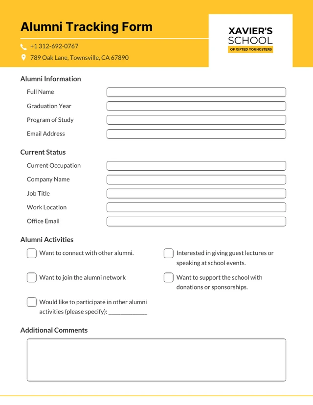Simple Yellow Alumni Tracking Form Template