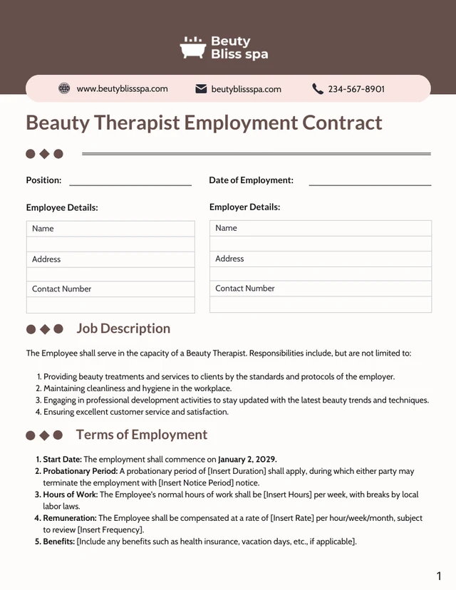 Beauty Therapist Contract Template Of Employment - صفحة 1