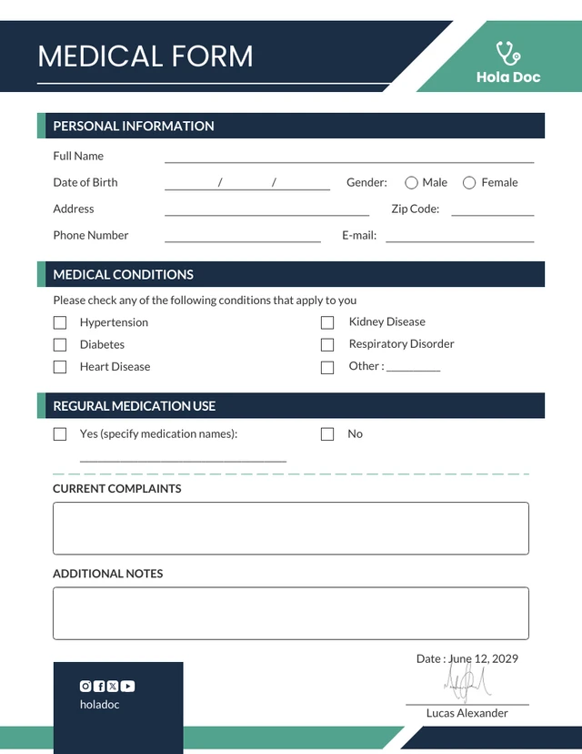 Navy and Green Minimalist Medical Form Template