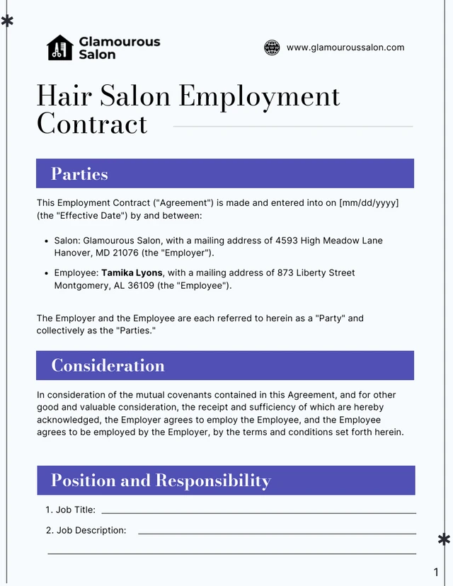 Hair Salon Employment Contract Template - صفحة 1