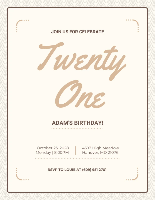 Beige Simple Pattern 21st Birthday Invitation Template