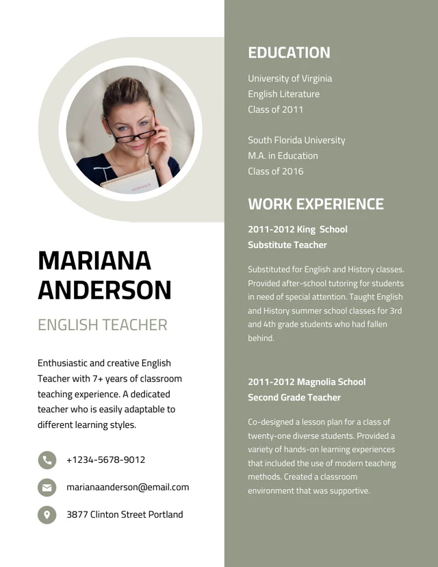 White And Green Modern Simple Aesthetic English  Teacher Resume Template