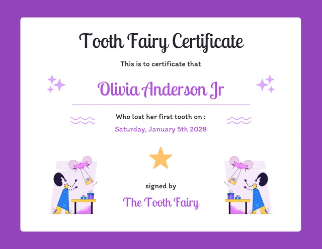 Dark Purple Modern Illustration Tooth Fairy Certificate Template