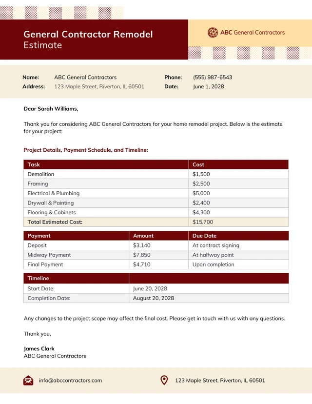 General Contractor Remodel Estimate Template