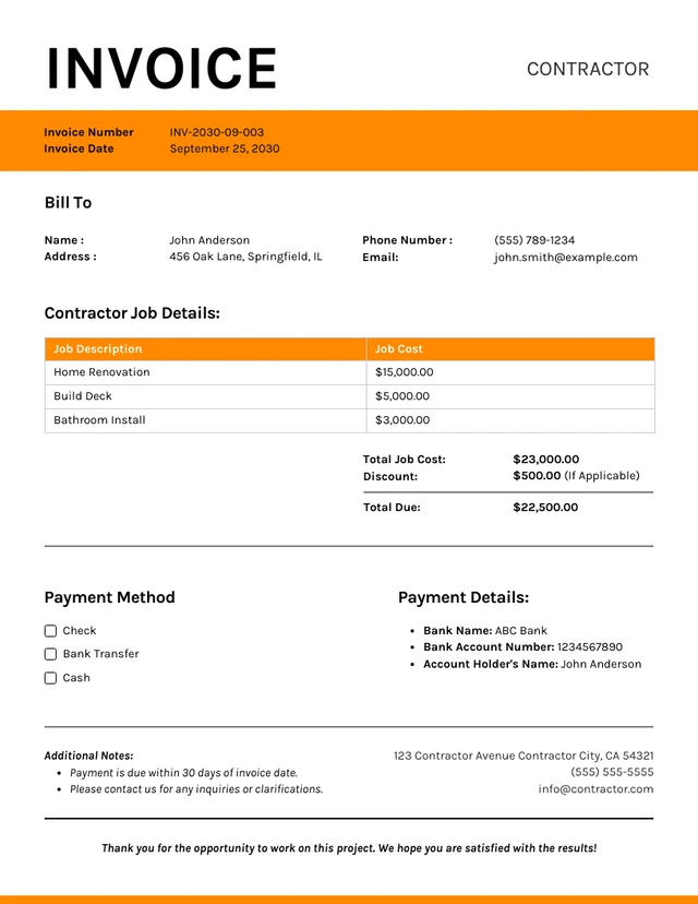 Clean Minimalist White and Orange Contractor Invoice Template