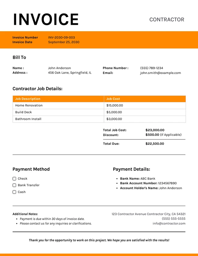 Modelo de fatura de empreiteiro branco e laranja minimalista e limpo