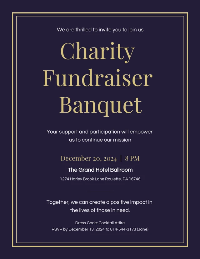 Dark Blue Gold Charity Fundraiser Banquet Invitation Template