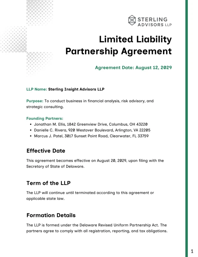 Limited Liability Partnership Agreement Template - Pagina 1