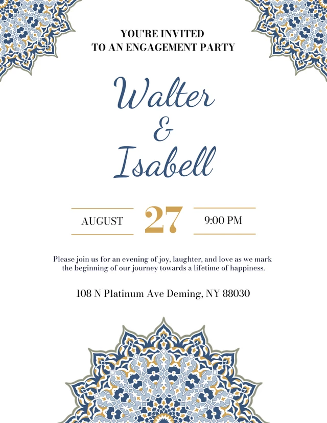 White Blue And Yellow Ornament Engagement Party Invitation Template