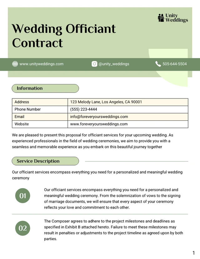 Wedding Officiant Contract Template - Page 1